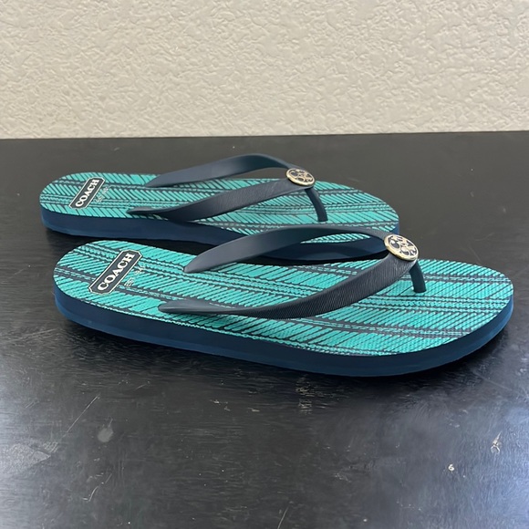 Coach Shoes - Coach flip flops sandals slides thong 1941 blue pattern coach letters sz 9-10